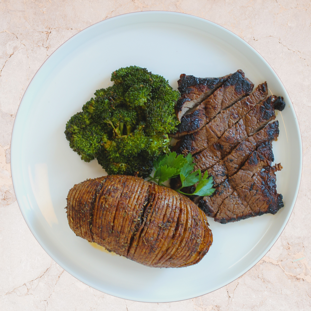 Adobo Grilled Steak with Roasted Potatoes & Broccoli