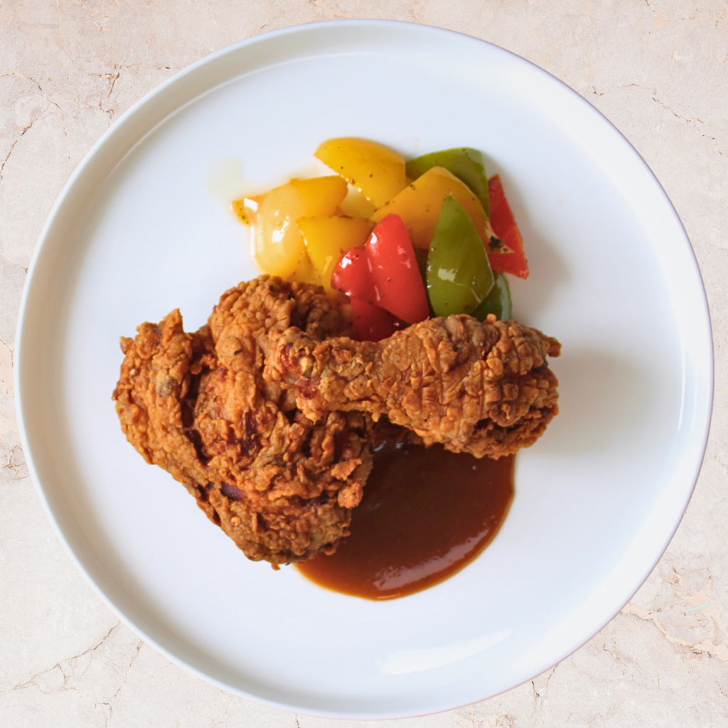 Fried Chicken with Roasted Peppers & Brown Gravy