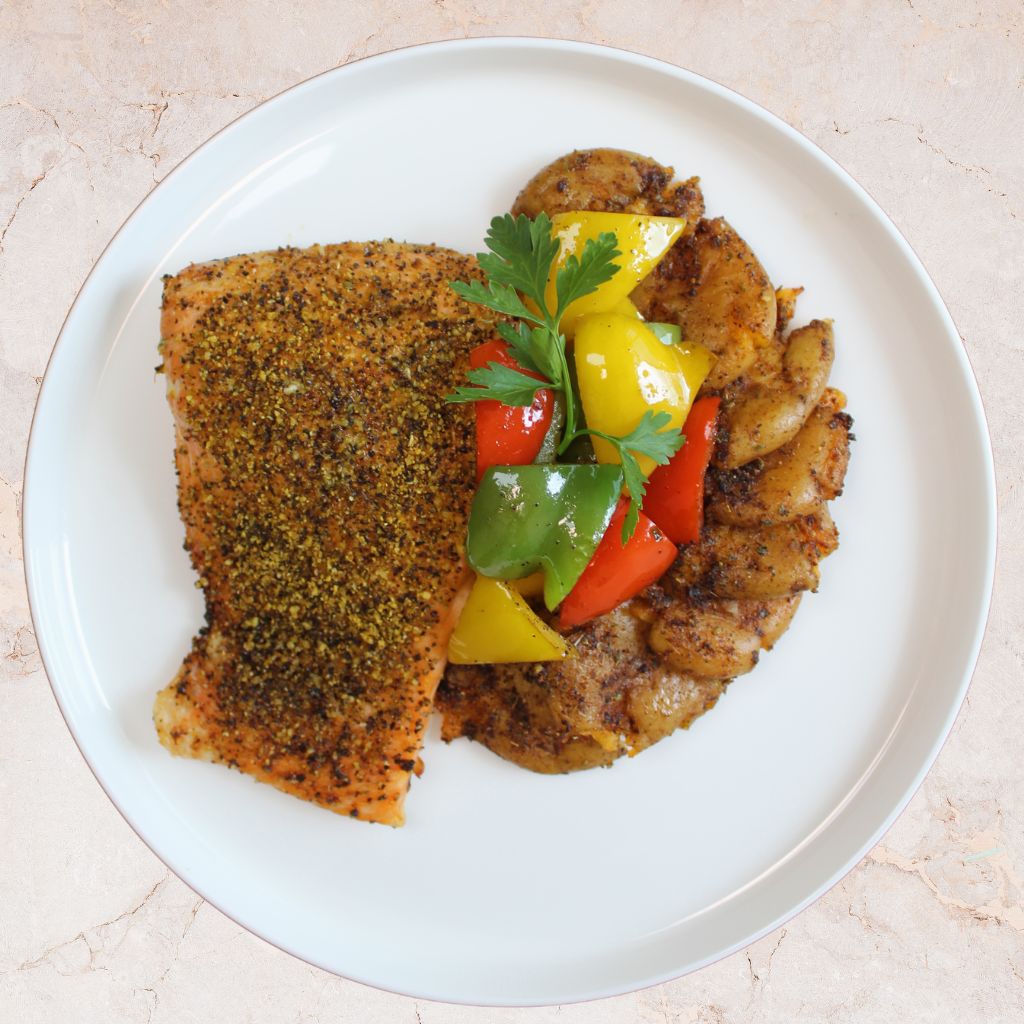 Lemon Pepper Salmon with Roasted & Crisppy Fingerlings